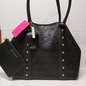 Betsey Johnson XL Black Skull Embossed Tote Bag with Gold Accents